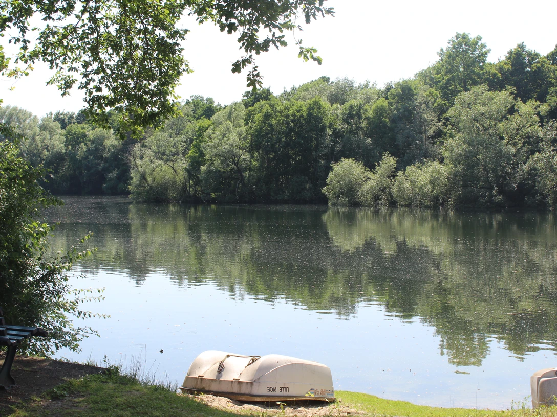 Campingplatz am Landwehrsee Ein ruhiger See mit umgebenden Bäumen und zwei kleinen Booten im Vordergrund bietet eine friedliche Naturkulisse.