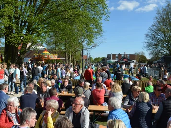 Maibaum- und Radelfest Hövelhof Menschen genießen ein Fest im Freien unter Bäumen, mit Ständen und einem Karussell im Hintergrund.