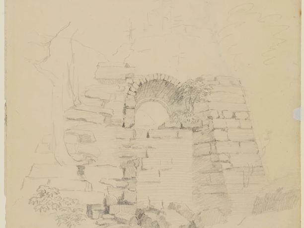 Caspar David Friedrich: Ruine bei Schinderloch, dat. 8.7.1800 Skizze einer alten Steinruine mit einem Bogen, umgeben von Bäumen und Sträuchern; darunter Porträts und eine Kanone gezeichnet.