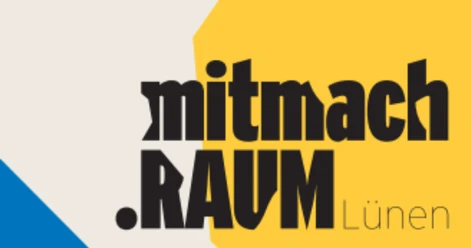 mitmach.RAUM Logo des Mitmach.Raum Lünen; schwarz auf gelbem und blauem Hintergrund.