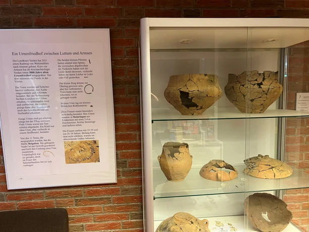 Vitrine mit Ausgrabungen Vitrine mit antiken Keramikgefäßen, die teilweise rekonstruiert sind, in einem Ausstellungsraum.