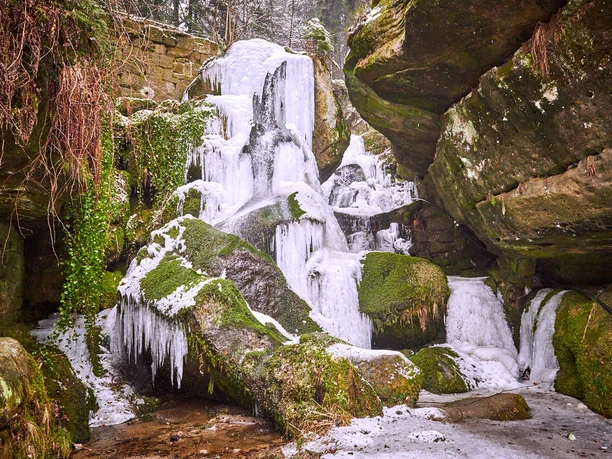 Icy waterfall between moss-covered rocks, surrounded by winter vegetation and a calm, frosty atmosphere.