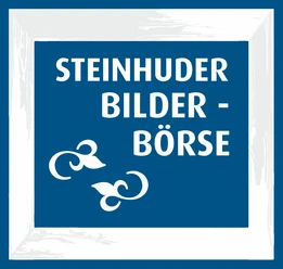 Bilderbörse-Kunstscheune-Steinhude Blue sign with white frame and floral patterns shows the lettering "Steinhuder Bilder-Börse".
