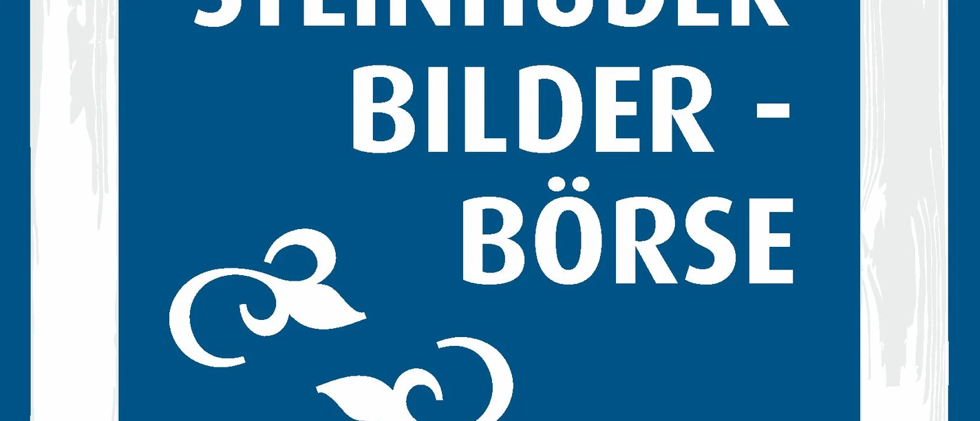 Bilderbörse-Kunstscheune-Steinhude Blauw bord met wit kader en bloemmotieven toont het opschrift "Steinhuder Bilder-Börse".