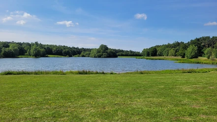Kleihügelsee Ein kleiner See inmitten grüner Wiesen und Wälder, eingebettet in eine friedliche Naturkulisse.