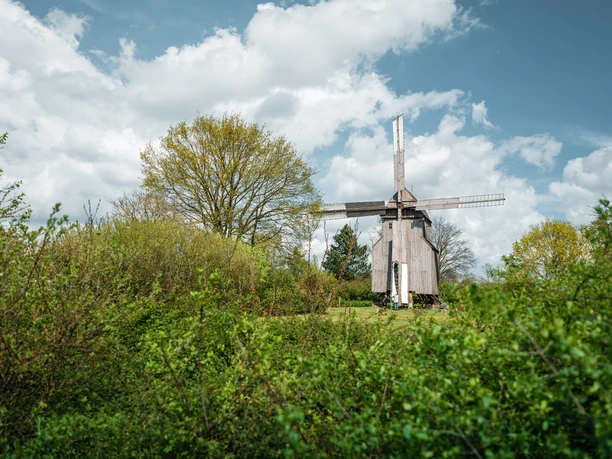 Bockwindmühle Oppenwehe Historische Bockwindmühle in Oppenwehe, umgeben von grüner Vegetation und bewölktem Himmel im Hintergrund.