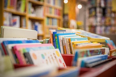 In hintereinander stehenden Kisten stehen verschiedene Bücher.