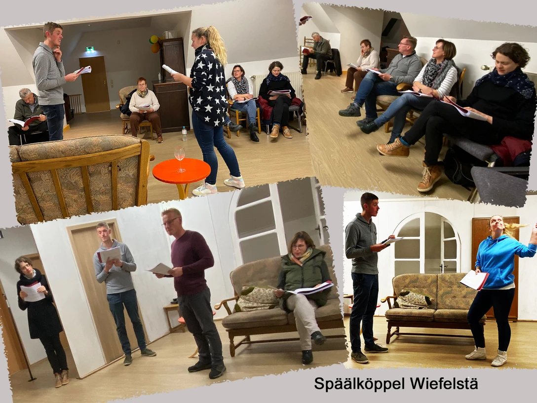 Collage-Proben-Spielzeit24 Menschen üben Theater. Sie lesen Texte. Zwei Personen spielen eine Szene. Bühne-Probe.