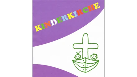 Kinderkirche.jpg Buntes Logo mit Wort Kinderkirche, Kreuz, Boot und zwei lachenden Kinderfiguren auf weiß-lila Grund.