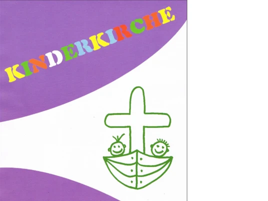 Kinderkirche.jpg Buntes Logo mit Wort Kinderkirche, Kreuz, Boot und zwei lachenden Kinderfiguren auf weiß-lila Grund.