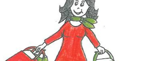 Second-Hand-Börse "von Frau zu Frau" Farbige Illustration einer lächelnden Frau mit braunen Haaren, die Einkaufstaschen in der Hand hält.