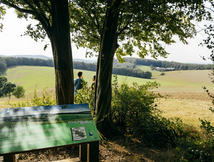 Panoramatafel Weg der Blicke Panoramatafel von "Weg der Blicke" unter Bäumen, mit Blick auf weite Felder und zwei Personen.