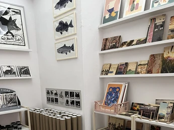 Concept Store Lipsi Klub in Leipzig mit einer farbenfrohen Auswahl an Handwerkskunst, unter anderem Poster und Kalender Blick aufs farbenfrohe Sortiment des Concept Stores Lipsi Klub - Poster, Dekoration, Handwerk und Kreatives