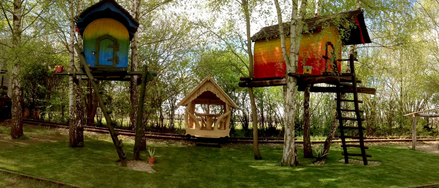 haus3_2048x1226.jpg Eine Erlebnisbahn fährt durch einen Birkenwald. Zwischen den Bäumen stehen bunte Baumhäuser.