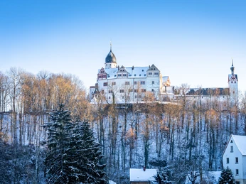 Schloss Rochsburg im Winter - Schlösser der Leipzig Region Blick auf das verschneite Schloss Rochsburg auf einem Felssporn, umgeben von kahlen Bäumen zur untergehenden Sonne, AusflugszielView of the snow-covered Rochsburg Castle on a rocky spur, surrounded by bare trees to the setting sun, excursion destinationPohled na zasněžený hrad Rochsburg na skalnatém ostrohu, obklopený holými stromy směrem k zapadajícímu slunci, cíl výletuWidok na pokryty śniegiem zamek Rochsburg na skalistej ostrodze, otoczony nagimi drzewami w kierunku zachodzącego słońca, cel wycieczkiUitzicht op het met sneeuw bedekte kasteel Rochsburg op een rotsachtige uitloper, omringd door kale bomen in de richting van de ondergaande zon, excursiebestemmingVista del castello di Rochsburg innevato su uno sperone roccioso, circondato da alberi spogli verso il tramonto, meta dell'escursione