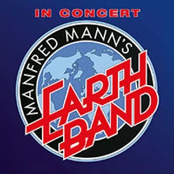 Logo mit Weltkugel und rotem Schriftzug Manfred Mann's Earth Band auf blauem Hintergrund
