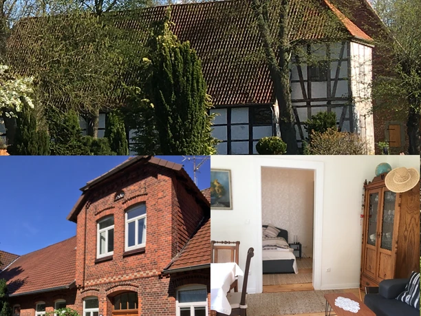 kloster-blick-schinna Fachwerkgebäude mit rotem Ziegeldach und gemütlichem Wohnraum inmitten üppiger Natur bei Schinna.