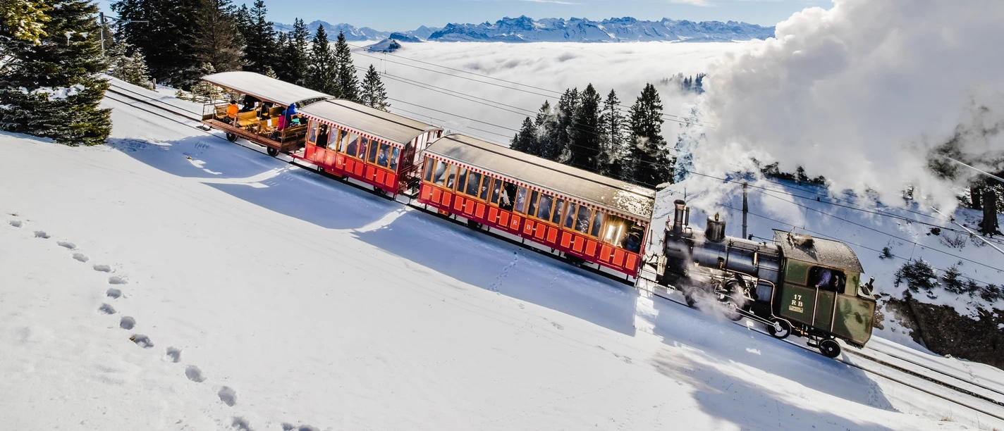 Winterdampffahrt Lok 17 Dampflokomotive "Lok 17" fährt im Schnee auf die Rigi
