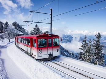 Chemin de fer à crémaillère Vitznau - Rigi en hiver Die Zahnradbahn fährt durch die verschneite LandschaftThe cog railway travels through the snow-covered landscapeLe train à crémaillère traverse le paysage enneigé