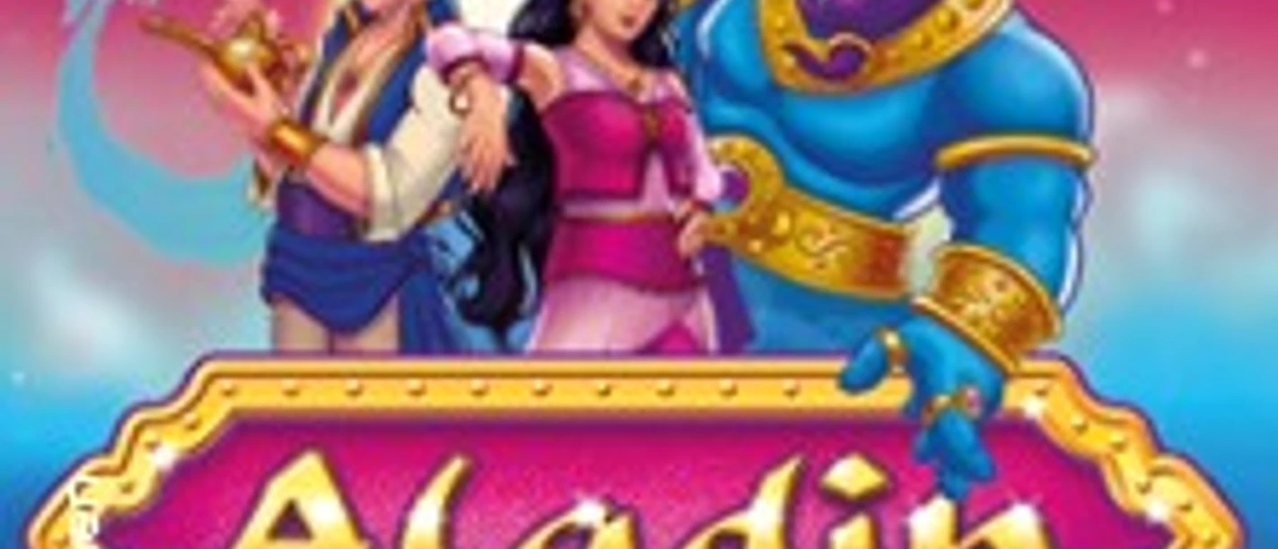 Animierte Figuren Aladin, Jasmin und Dschinni vor farbigem Hintergrund mit Musicaltitel