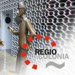 Bronze Skulpturen vor gemusterter Wand, teils überlagert von einem Regio Colonia Logo.