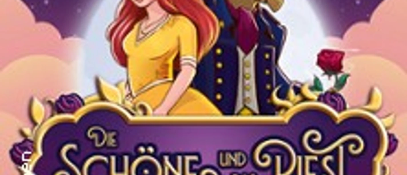 Farbenfrohes Plakat des Musicals "Die Schöne und das Biest" mit Hauptfiguren vor nächtlichem Himmel.