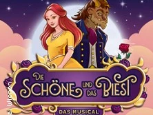Farbenfrohes Plakat des Musicals "Die Schöne und das Biest" mit Hauptfiguren vor nächtlichem Himmel.