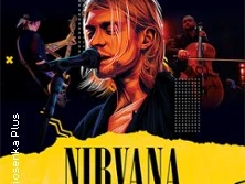 Konzertplakat mit Musiker*innen auf der Bühne. Im Vordergrund Titel "Nirvana Symphonic Tribute".