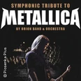 Plakat "Symphonic Tribute to Metallica" mit Gitarrist im Vordergrund und Orchester im Hintergrund.