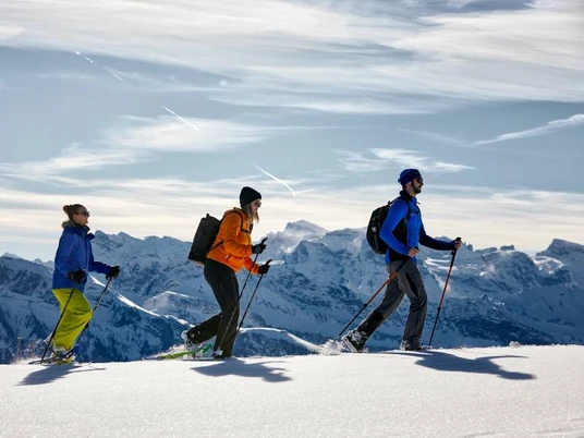 Randonnées en raquettes Personen stapfen mit Schneeschuhen durch die tiefverschneite Rigi-LandschaftPeople trudge through the snow-covered Rigi landscape on snowshoesDes personnes marchent en raquettes à travers le paysage enneigé du Rigi.