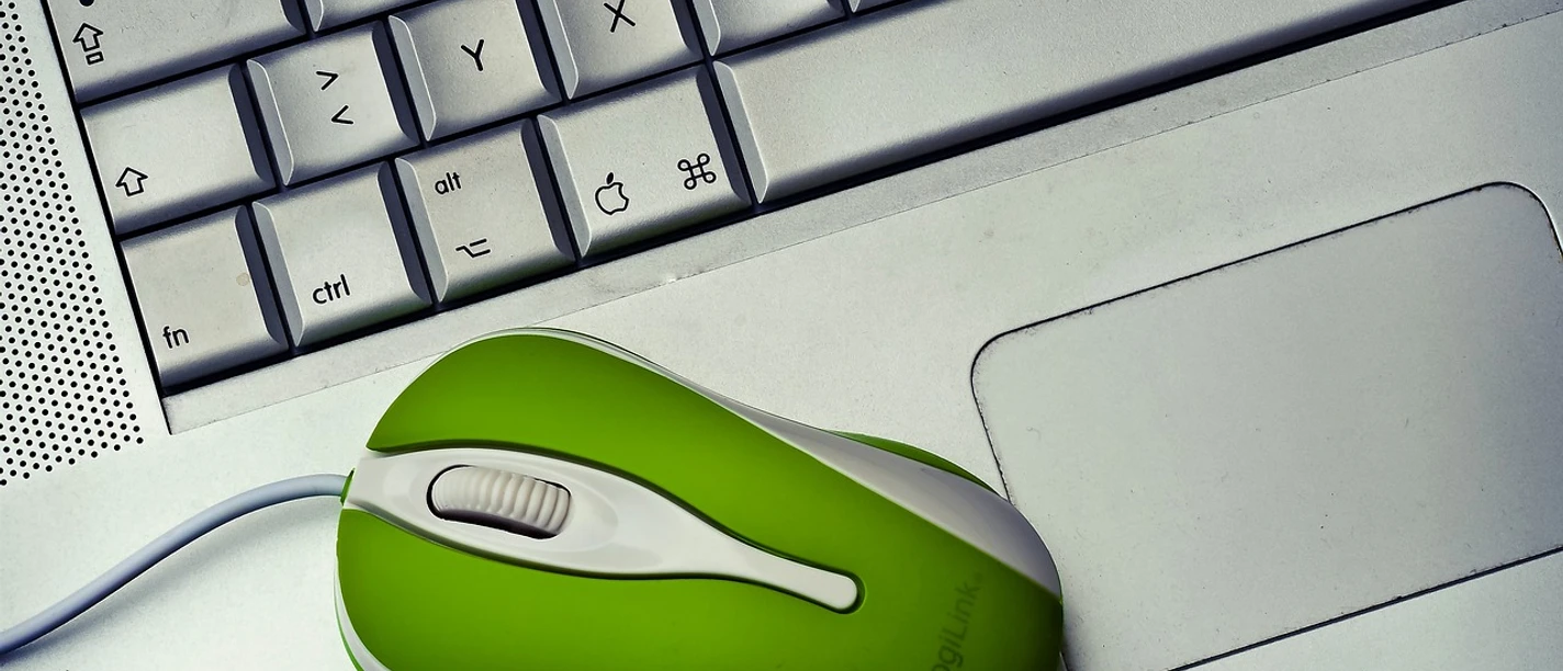 Computerkurs Grüne Computermaus auf einer silbernen Laptop-Tastatur.