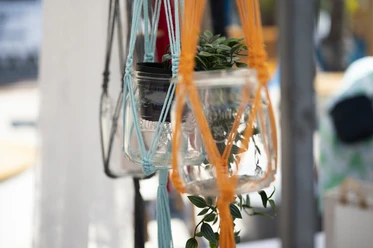 Herz und Hand.jpg Makramee-Blumenhalter mit bunten Schnüren und Glasgefäßen, darin kleine grüne Pflanze.