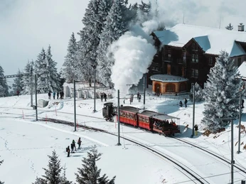 Voyage d'hiver à vapeur Rigi Dampflokomotive fährt im Schnee auf die RigiSteam locomotive travelling up the Rigi in the snowUne locomotive à vapeur monte au Rigi dans la neige