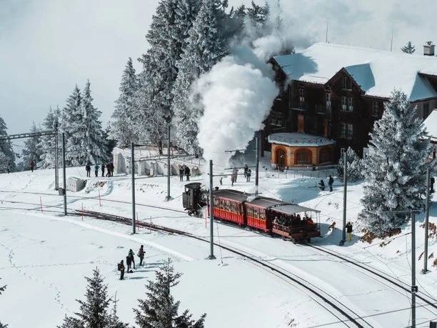 Winterdampffahrt Rigi Dampflokomotive fährt im Schnee auf die Rigi