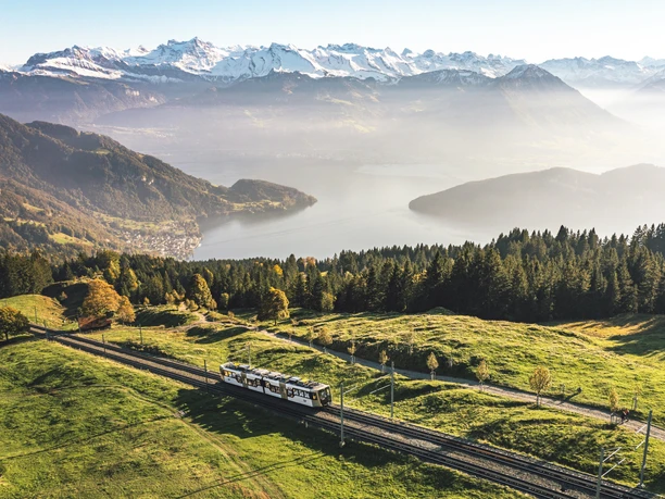 Vitznau - Rigi rack railway View of the cogwheel railway and Lake Lucerne