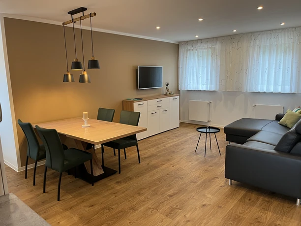 IMG_0551.jpg Moderne, gemütliche Wohnküche mit Holzboden, Esstisch, Stühlen, Ledersofa und TV an der Wand.