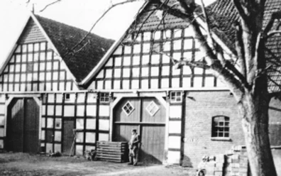 bildanzeige-1.jpg Fachwerkhof mit drei Gebäuden, Giebelseiten, eine Person am Tor, Baum im Vordergrund. 20. Jahrhundert.