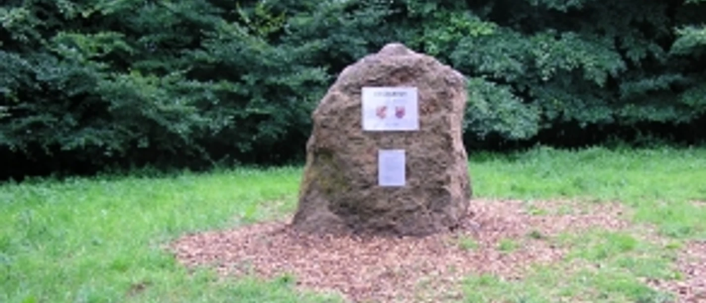 Heidbrink Ein markanter Stein steht auf einer von Bäumen umgebenen Lichtung und trägt historische Tafeln.