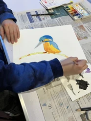 Aquarellmalen Ein Mensch malt mit Wasserfarben einen farbenfrohen Eisvogel auf einem Ast auf Zeichenpapier.