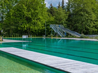 Badesteig im NaturSportBad Bad Düben - Freibäder in der Leipzig Region Das leere Becken und der Badesteig im NautrSportBad Bad Düben mit zahlreichen grünen Bäumen und der Breitwellenrutsche im Hintergrund, Freizeit, SpaßThe empty pool and the bathing path in the NautrSportBad Bad Düben with numerous green trees and the wide wave slide in the background, leisure, funPrázdný bazén a koupací cesta v NautrSportBad Bad Düben s mnoha zelenými stromy a širokým tobogánem v pozadí, volný čas, zábava.Pusty basen i ścieżka kąpielowa w NautrSportBad Bad Düben z licznymi zielonymi drzewami i szeroką zjeżdżalnią falową w tle, wypoczynek, zabawaHet lege zwembad en het zwempad in het NautrSportBad Bad Düben met talrijke groene bomen en de brede golfglijbaan op de achtergrond, vrije tijd, plezierLa piscina vuota e il percorso balneare del NautrSportBad Bad Düben con numerosi alberi verdi e l'ampio scivolo a onde sullo sfondo, tempo libero, divertimento
