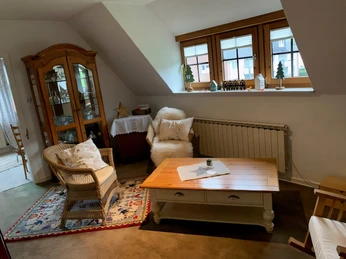 Ferienwohnung Hügel Wohnzimmer Wohnzimmer mit Korbsessel, Teppich und Holztisch, dekoriert mit Kissen und Pflanzen auf Fensterbank.