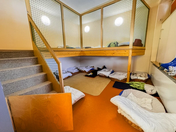 Kinderkrippe-Amelinghausen-02.jpg Schlafraum einer Kita mit Hochebene, Treppe und gemütlichen Weidenkörbchen als Schlafplätze.