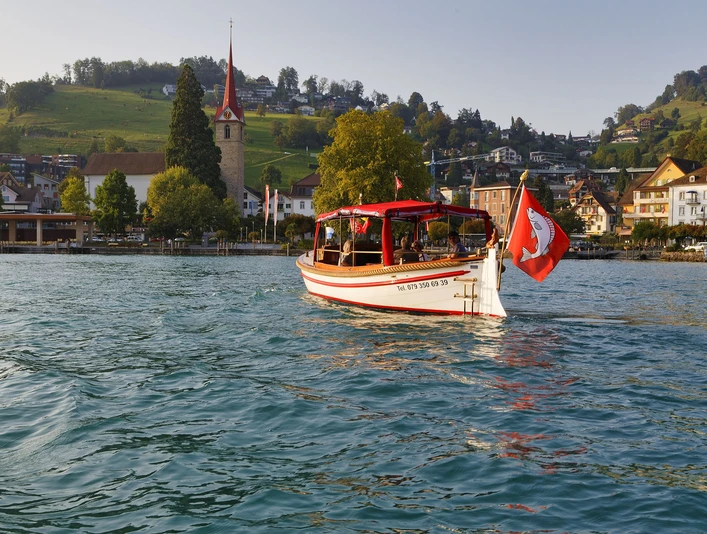 Quatagis Boot Das Fahrgast-Schiff Quatagis fährt vor WeggisThe passenger boat Quatagis sails off WeggisLe bateau de passagers Quatagis navigue devant Weggis