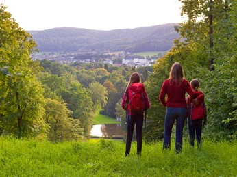 Drei Wanderer mit roten Rucksäcken überblicken einen bewaldeten Park und eine ferne, hügelige Landschaft.