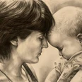 Bild3.jpg Eine zärtliche Bleistiftzeichnung eines Kopf-an-Kopf-Moments zwischen einer Frau und einem Baby.