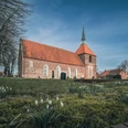Rysum Kirche Backsteinkirche mit rotem Ziegeldach und Turm im Rundwarfendorf Rysum, umgeben von alten Bäumen.