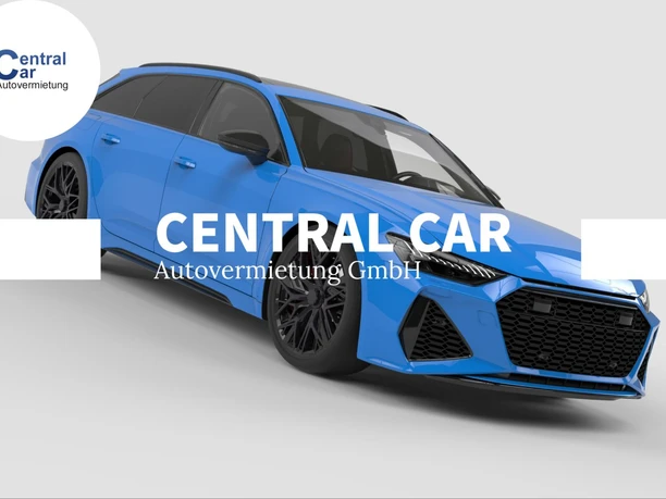 blaues Auto Central Car Autovermietung GmbH Vor einem blauen Auto steht der Schriftzug "Central Car Autovermietung GmbH".