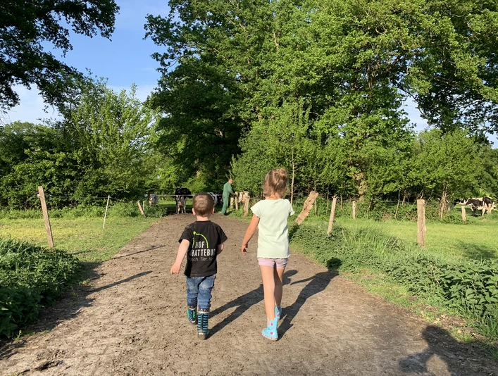 Kinder auf Hof Schatteburg Zwei Kinder gehen auf einem Weg durch eine grüne Landschaft mit Bäumen und Weidezäunen