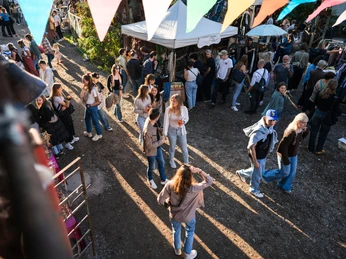 Odonien Menschen flanieren entspannt bei sonnigem Wetter auf einem lebhaften, farbenfrohen Markt im Freien.People stroll relaxed in sunny weather at a lively, colorful outdoor market.