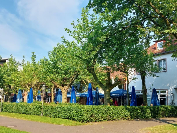 Tische, Stühle und Sonnenschirme unter Bäumen in einem Biergarten neben einem weißem Gebäude.